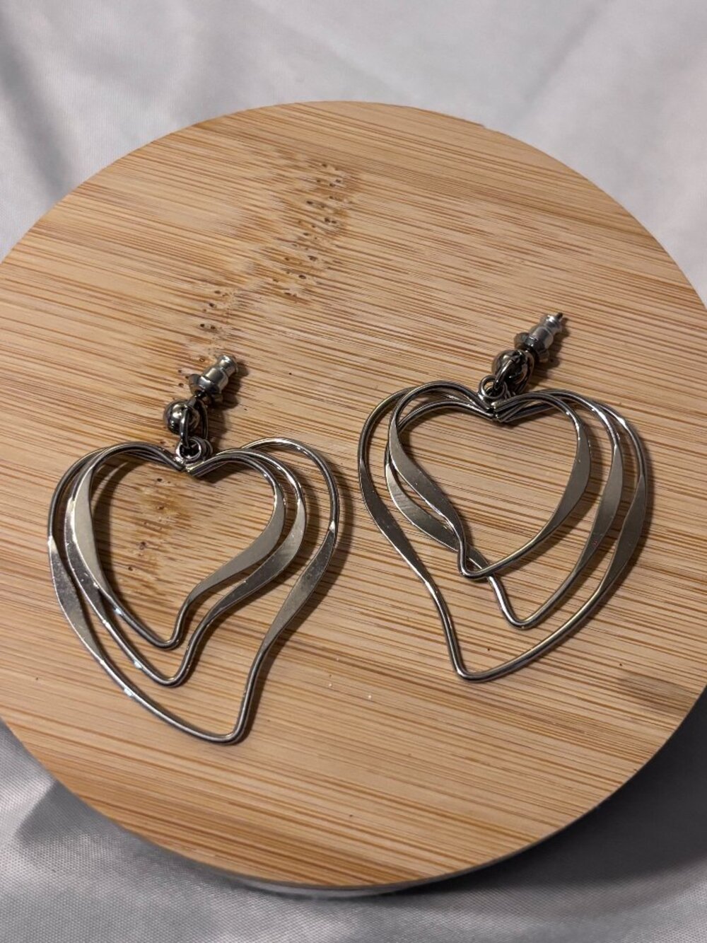 Silver Tone Triple Heart Dangle Earrings Layered Open Heart Statement Earrings